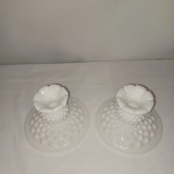 Fenton Set Of White Hobnail Milk Glass Candle Holders Vintage Collectible - Picture 5 of 8
